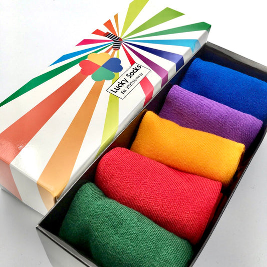 Fem Par Sokker I Eske, Gul, Rød, Blå, Grønn, Lilla